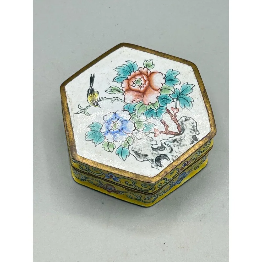 Vintage Antique Hexagon Chinese Enamel Trinket Box Yellow Flowers and Bird